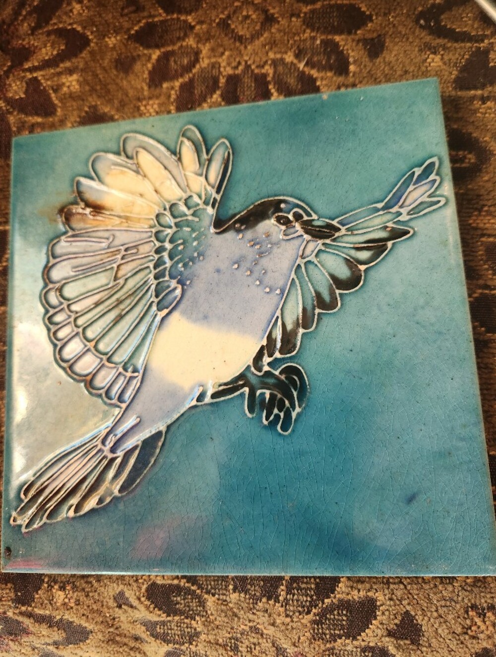 Cottage Core BLUE BIRD Turq BG Handcrafted Raised GLAZE CERAMIC Wall Tile Art 6"